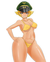 Rule 34 | 10s, 1girl, afrobull, bad anatomy, bikini, blonde hair, brown eyes, erwin (girls und panzer), girls und panzer, hat, highres, looking at viewer, peaked cap, simple background, solo, standing, swimsuit, thick thighs, thighs, white background, wide hips