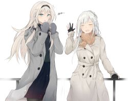 Rule 34 | 2girls, ak-12 (girls&#039; frontline), an-94 (girls&#039; frontline), beige coat, braid, brown scarf, buttons, closed eyes, clov3r, coat, double-breasted, earmuffs, french braid, girls&#039; frontline, gloves, green eyes, grey coat, hair tubes, hand up, highres, long hair, mittens, multiple girls, open clothes, open coat, open mouth, pantyhose, partially fingerless gloves, platinum blonde hair, scarf, sidelocks, silver hair, skirt