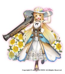 Rule 34 | 1girl, :d, black bow, blonde hair, boots, bow, detached sleeves, dress, flower, flower knight girl, full body, gun, happy, hat, limnanthes (flower knight girl), long hair, looking at viewer, nakaishow, name connection, object namesake, official art, open mouth, orange eyes, see-through, smile, solo, standing, weapon, white background, white dress