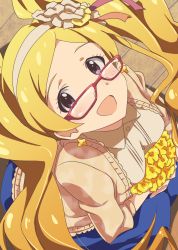 Rule 34 | 10s, 1girl, :d, bespectacled, blonde hair, emily stewart, flower, glasses, hairband, highres, idolmaster, idolmaster million live!, long hair, looking at viewer, official style, open mouth, pokowachikusu, purple eyes, smile, twintails