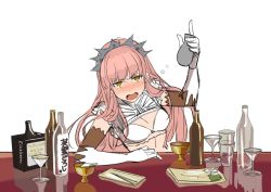 Rule 34 | 1girl, alcohol, aono shimo, bad id, bad pixiv id, blush, breasts, brown gloves, chopsticks, cleavage, cocktail glass, crown, cup, drinking glass, drunk, elbow gloves, fate/grand order, fate (series), gloves, long hair, medb (fate), pink hair, plate, solo, tokkuri, white gloves, yellow eyes