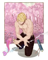 Rule 34 | 1boy, asuka shirogane, beard, blonde hair, cigarette, facial hair, fish, forest, hair over one eye, highres, holding, holding cigarette, holding knife, jungle, knife, looking at viewer, male focus, muscular, muscular male, nature, one eye covered, on one knee, one piece, pink background, sanji (one piece), scroll, shadow, short hair, smoke, topless male