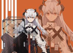 Rule 34 | 1girl, arknights, belt, black skirt, chest strap, commentary, dragon horns, earrings, english commentary, expressionless, hair between eyes, high-waist skirt, horns, id card, jewelry, long hair, looking at viewer, lyps, orange background, orange eyes, parted lips, riot shield, saria (arknights), shield, silver hair, simple background, single earring, skirt, solo, stud earrings, symbol-only commentary, syringe gun, teeth, zoom layer