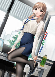 Rule 34 | 1girl, :o, adjusting footwear, akaori umeka, black footwear, black pantyhose, blue skirt, bottle, breasts, brown eyes, brown hair, chair, commentary request, computer, doushimasho, dutch angle, earrings, fingernails, high heels, highres, id card, indoors, jewelry, lanyard, laptop, light blush, long fingernails, long hair, long sleeves, looking at viewer, medium breasts, mole, mole under eye, nail polish, office, office lady, original, pantyhose, parted lips, patent heels, pencil skirt, plant, potted plant, pumps, red nails, shirt, shirt tucked in, shoes, side slit, skirt, solo, standing, standing on one leg, swept bangs, table, tea, v-neck, white shirt, window, window blinds