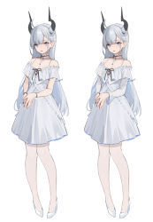 Rule 34 | 1girl, absurdres, ahoge, bare shoulders, breasts, choker, cleavage, dress, grey dress, grey eyes, grey hair, hair on horn, high heels, highres, horns, jewelry, long hair, long sleeves, looking at viewer, multiple views, necklace, nekojira, off-shoulder dress, off shoulder, original, own hands together, parted lips, pigeon-toed, pointy ears, shoes, short dress, simple background, smile, thea (nekojira), white background, white footwear