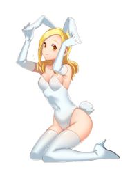 Rule 34 | 1girl, animal ears, blonde hair, blush, detached collar, esaka, fake animal ears, gloves, leotard, long hair, looking at viewer, octopath traveler, octopath traveler i, ophilia (octopath traveler), playboy bunny, rabbit ears, rabbit tail, simple background, solo, tail, thighhighs, wrist cuffs
