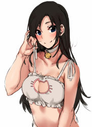 Rule 34 | 10s, 1girl, bare shoulders, bell, neck bell, black hair, blue eyes, blush, breasts, cat cutout, cat lingerie, choker, cleavage, cleavage cutout, clothing cutout, idolmaster, idolmaster cinderella girls, idolmaster million live!, jingle bell, kurokin, large breasts, long hair, looking at viewer, meme attire, mukai takumi, simple background, smile, solo, upper body, white background