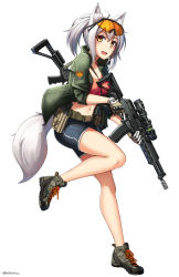 Rule 34 | 1girl, :d, absurdres, ahoge, ak-74, animal ear fluff, animal ears, assault rifle, between breasts, black shorts, breasts, brown eyes, commentary, crop top, cz 75, fang, fox ears, fox girl, fox tail, full body, gloves, goggles, goggles on head, green jacket, grey footwear, gun, hair between eyes, handgun, highres, holding, holding gun, holding weapon, holster, holstered, izhmash, jacket, kalashnikov concern, kalashnikov rifle, looking at viewer, medium breasts, molot, molot-oruzhie, molot weapons, navel, ndtwofives, open clothes, open jacket, open mouth, original, ponytail, rifle, scope, semi-automatic firearm, semi-automatic shotgun, shoes, short shorts, shorts, shotgun, silver hair, simple background, smile, sneakers, solo, standing, standing on one leg, strap between breasts, tail, trigger discipline, twitter username, vepr-12, vyatskiye polyany machine-building plant, weapon, weapon on back, weapon request, white background, white gloves