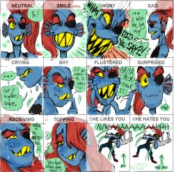 Rule 34 | 1girl, alternate hairstyle, blue skin, blush, colored sclera, colored skin, expression chart, expressions, eyepatch, fins, fish girl, grin, hair down, head fins, monster girl, multiple views, ponytail, red hair, sharp teeth, shouting, smile, suplex, teeth, undertale, undyne, yellow sclera