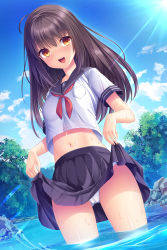Rule 34 | 1girl, :d, black hair, black sailor collar, black skirt, blue sky, blush, brown eyes, clothes lift, cloud, commentary request, crop top, day, hair between eyes, highres, lifted by self, long hair, looking at viewer, midriff, navel, neckerchief, open mouth, original, outdoors, panties, pleated skirt, red neckerchief, sailor collar, school uniform, serafuku, shirt, skirt, skirt lift, sky, smile, solo, standing, tree, umitonakai, underwear, water, white panties, white shirt