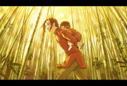 Rule 34 | 2boys, aged down, axis powers hetalia, bamboo, bamboo forest, blue kimono, brown eyes, brown hair, carrying, child, china (hetalia), chinese clothes, fatherly, forest, geta, highres, japan (hetalia), japanese clothes, kimono, letterboxed, long hair, looking afar, multiple boys, nature, pcpc onaka, piggyback, ponytail, side slit, sleeping, smile, yukata