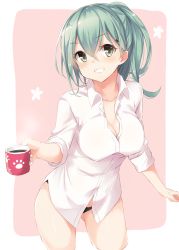 Rule 34 | 10s, 1girl, absurdres, bad id, bad pixiv id, black panties, breasts, cleavage, coffee, coffee cup, collared shirt, covered erect nipples, cowboy shot, cup, disposable cup, dress shirt, green eyes, green hair, grin, hair ornament, highres, kantai collection, large breasts, looking at viewer, matching hair/eyes, no pants, open clothes, open shirt, panties, paw print, ponytail, shirt, sleeves rolled up, smile, solo, suzuya (kancolle), takehana note, textless version, thighs, underwear