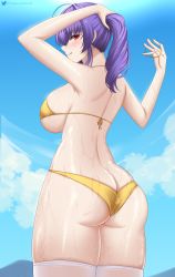 Rule 34 | 1girl, ass, azur lane, back, bikini, blue sky, blush, breasts, butt crack, closed mouth, feet out of frame, from behind, hand in own hair, highres, large breasts, long hair, looking back, official alternate costume, pola (azur lane), pola (seaside coincidence) (azur lane), ponytail, purple hair, red eyes, sideboob, sky, solo, standing, swimsuit, thighhighs, togare, tongue, tongue out, twitter username, wet, white thighhighs, yellow bikini