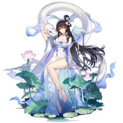 Rule 34 | 1girl, anklet, bare legs, barefoot, bracelet, breasts, brown eyes, brown hair, cleavage, closed mouth, collarbone, dress, flower, full body, girls&#039; frontline, hair flower, hair ornament, halloween, jewelry, large breasts, legs, long hair, looking at viewer, lotus, official art, smile, snake, solo, standing, thighs, toes, transparent background, trick or treat, type 95 (girls&#039; frontline), type 95 (white lotus in limpid waters) (girls&#039; frontline), wet, white dress