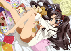 Rule 34 | 1girl, absurdres, bed, bottomless, fate/stay night, fate (series), highres, legs, long legs, lying, no bra, no panties, non-web source, official art, open clothes, open shirt, sadakata kikuko, shirt, solo, stuffed animal, stuffed toy, tiger, tohsaka rin, twintails, two side up