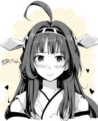 Rule 34 | 10s, 1girl, ahoge, bad id, bad pixiv id, blush, bonkara (sokuseki maou), character name, detached sleeves, hairband, headgear, heart, kantai collection, kongou (kancolle), long hair, looking at viewer, monochrome, portrait, solo, spot color, star (symbol), starry background