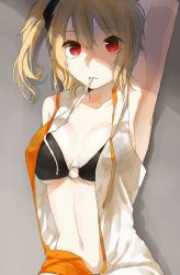 Rule 34 | 1girl, blonde hair, kagerou project, kisaragi momo, long hair, midriff, moegi0926, mouth hold, navel, o-ring, o-ring top, red eyes, side ponytail, solo, vocaloid, yamaha