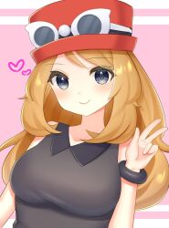 Rule 34 | 1girl, blush, breasts, brown hair, creatures (company), game freak, hat, highres, large breasts, looking at viewer, nintendo, pokemon, pokemon xy, serena (pokemon), smile, solo, takahara, v