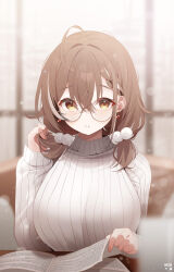 1girl ahoge alternate_costume alternate_hairstyle artist_name bespectacled black_hair blurry blurry_background blush bokeh book braid braided_bangs breasts brown_hair commentary crossed_bangs depth_of_field deyui english_commentary fanbox_logo glasses hair_between_eyes hair_ornament highres hololive hololive_english large_breasts looking_at_viewer low_twintails multicolored_hair nanashi_mumei open_book patreon_logo pom_pom_(clothes) pom_pom_hair_ornament round_eyewear short_hair solo streaked_hair sweater twintails virtual_youtuber white_hair white_sweater yellow_eyes