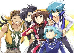 5boys belt black_eyes black_hair black_pants black_shirt blue_hair blue_jacket brown_eyes brown_hair brown_hat brown_pants closed_eyes coat eating food glasses green_eyes green_shirt hand_on_another&#039;s_shoulder hat holding holding_skewer jacket johan_andersen kebab manjoume_jun marufuji_sho moribuden multiple_boys open_clothes open_jacket pants red_jacket shirt skewer sliced_meat smile trench_coat tyranno_kenzan v white_background white_shirt yellow_jacket yu-gi-oh! yu-gi-oh!_gx yuki_judai