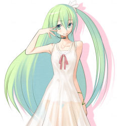 Rule 34 | 1girl, alternate hairstyle, bad id, bad pixiv id, dress, green eyes, green hair, hatsune miku, headset, kakaon, long hair, matching hair/eyes, project diva (series), project diva 2nd, see-through, side ponytail, simple background, solo, thigh gap, very long hair, vocaloid