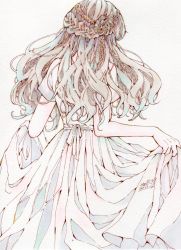 Rule 34 | 1girl, braid, brown hair, dated, dress, facing away, from behind, highres, holding, holding clothes, holding dress, long hair, original, short sleeves, signature, simple background, solo, toaruocha, upper body, white background, white dress