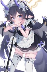 Rule 34 | 1girl, apron, black dress, black hair, black wings, blue bow, blue eyes, blush, bow, closed mouth, demon wings, dress, eip (pepai), flower, frilled apron, frilled thighhighs, frills, hair bow, hair flower, hair ornament, halo, highres, horns, long hair, looking at viewer, maid, maid headdress, original, pointy ears, rose, simple background, solo, star (symbol), tail, thighhighs, white apron, white background, white bow, white flower, white rose, white thighhighs, wings, yellow halo