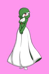 Rule 34 | 1girl, absurdres, breasts, cleavage, creatures (company), feet, full body, game freak, gardevoir, gen 3 pokemon, green hair, hair over one eye, highres, kewon, large breasts, looking at viewer, nintendo, own hands together, pink background, pokemon, pokemon (creature), pokemon rse, red eyes, short hair, simple background, smile, solo, standing