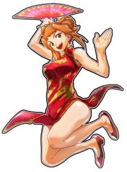 Rule 34 | 1girl, aoba (smartbeat), breasts, bun cover, china dress, chinese clothes, double bun, dress, folding fan, full body, green eyes, hair bun, hand fan, holding, holding fan, long hair, looking at viewer, my-hime, orange hair, paper fan, red dress, red hair, side slit, simple background, sleeveless, smile, solo, sugiura midori, white background