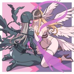 Rule 34 | 2girls, angel and devil, angel wings, angewomon, bare shoulders, black bodysuit, blonde hair, blush, bodysuit, breasts, chain, cleavage, clothing cutout, colored skin, covered eyes, demon girl, digimon, feathered wings, futa yuri ryona, grey hair, grey skin, hand on another&#039;s shoulder, highres, hip vent, kneeling, ladydevimon, large breasts, leg belt, long hair, multiple girls, navel, nervous, o-ring, pink ribbon, red eyes, revealing clothes, ribbon, stomach cutout, torn bodysuit, torn clothes, wings, yuri