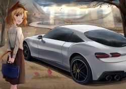 Rule 34 | 1girl, :d, absurdres, akinakesu-chan, animal ears, arms behind back, bag, bare tree, blouse, brown hair, brown skirt, car, cloud, cloudy sky, commentary request, day, ferrari, ferrari roma, from behind, highres, holding, holding bag, long sleeves, looking at viewer, looking back, motor vehicle, mountain, open mouth, original, outdoors, road, shirt, skirt, sky, smile, solo, sports car, sunlight, tail, tree, vehicle focus, white shirt, yellow eyes