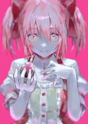 Rule 34 | 1girl, gem, gloves, hair between eyes, hair ribbon, hand on own chest, hand up, kaname madoka, looking at viewer, magical girl, mahou shoujo madoka magica, mahou shoujo madoka magica (anime), pink eyes, pink hair, puffy short sleeves, puffy sleeves, red ribbon, ribbon, short sleeves, short twintails, skyn blue, solo, soul gem, twintails, white gloves, yellow eyes