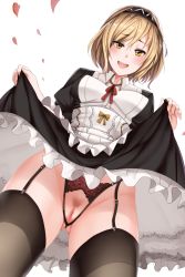 Rule 34 | 10s, 1girl, alternate costume, apron, black dress, black hairband, blonde hair, bow, breasts, censored, cherry blossoms, choker, clothes lift, crotchless, crotchless panties, djeeta (granblue fantasy), dress, dress lift, enmaided, female pubic hair, flashing, from below, garter straps, gluteal fold, granblue fantasy, hairband, hanada yanochi, looking at viewer, maid, maid apron, medium breasts, mosaic censoring, panties, pubic hair, pussy, ribbon choker, smile, solo, thighhighs, underwear, yellow eyes