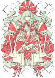Rule 34 | 1girl, abstract, abstract background, arm ribbon, arms up, bow, capelet, cubism, dress, frilled ribbon, frills, front ponytail, full body, green eyes, green hair, hair bow, hair ribbon, headdress, index finger raised, kagiyama hina, long hair, looking to the side, open mouth, red dress, ribbon, smile, solo, standing, touhou, very long hair, white background