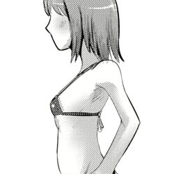 Rule 34 | 1girl, bikini, breasts, faceless, faceless female, from side, hands on own hips, highres, marneko, monochrome, original, short hair, sideboob, small breasts, solo, swimsuit