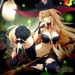 Rule 34 | 1girl, absurdres, blonde hair, breasts, cleavage, disgaea, green eyes, hat, highres, large breasts, long hair, looking at viewer, majo to hyakkihei, metallica (majo to hyakkihei), midriff, navel, shorts, smile, solo, very long hair, vezuki, witch, witch hat