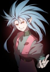 Rule 34 | 1girl, black background, blue hair, grin, high collar, light blue hair, long hair, looking at viewer, rano, ryouko (tenchi muyou!), simple background, smile, solo, spiked hair, tenchi muyou!, yellow eyes