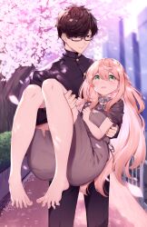 Rule 34 | 1boy, 1girl, :d, absurdres, bare legs, barefoot, black pants, black shirt, blush, braid, breasts, brown eyes, brown hair, bush, capelet, carrying, chain, cherry blossoms, cherry tree, city, cityscape, clenched hands, closed mouth, collar, commentary request, cover, cover image, cover page, day, full body, glasses, green eyes, hair between eyes, hand on legs, head tilt, highres, holding, legs, long hair, looking at another, nippon ichi no koukousei majutsushi isekai dorei shoujo wo morau, novel cover, novel illustration, nyum, official art, open mouth, outdoors, pants, path, pink hair, princess carry, rags, railing, road, school uniform, shirt, short hair, sidelocks, slave, small breasts, smile, swept bangs, toes, torn clothes, tree, very long hair