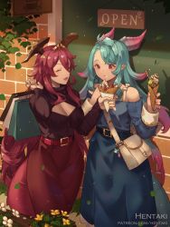 Rule 34 | 2girls, :d, :t, ^ ^, artist name, bag, bare shoulders, belt, belt buckle, black belt, black shirt, blue hair, blue shirt, blue skirt, breasts, brick wall, buckle, cleavage, cleavage cutout, closed eyes, closed mouth, clothing cutout, collarbone, commentary, crepe, dragalia lost, dragon girl, dragon horns, dragon tail, eating, english commentary, fang, flower, food, fruit, hair between eyes, hentaki, highres, holding, holding bag, holding food, horns, long hair, medium breasts, mercury (dragalia lost), multicolored hair, multiple girls, mym (dragalia lost), off-shoulder shirt, off shoulder, open mouth, paper bag, pleated skirt, purple hair, red hair, red skirt, shirt, shopping bag, shoulder bag, sign, skirt, smile, strawberry, streaked hair, tail, very long hair, watermark, web address, white flower, window, yellow flower
