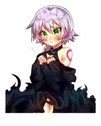 Rule 34 | 1girl, :&gt;, bare shoulders, black panties, black robe, black shirt, blush, breasts, cleavage, closed mouth, commentary request, cowboy shot, facial scar, fate/apocrypha, fate (series), flying sweatdrops, green eyes, hair between eyes, hands up, head tilt, jack the ripper (fate/apocrypha), mozu 1oo, panties, purple hair, robe, scar, scar across eye, scar on cheek, scar on face, shirt, short hair, simple background, small breasts, solo, underwear, white background