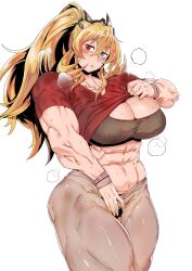 Rule 34 | 1girl, abs, barghest (fate), biceps, blonde hair, blush, breasts, fate/grand order, fate (series), heterochromia, highres, horns, large breasts, long hair, looking at viewer, minew, muscular, muscular female, simple background, tall female, thighs, white background