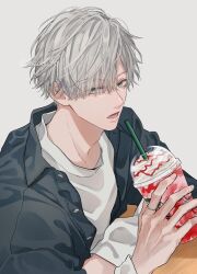 Rule 34 | 1boy, bishounen, cup, disposable cup, drinking straw, green eyes, hacco96, highres, holding, holding cup, ice cream cup, jacket, jewelry, long sleeves, looking at viewer, male focus, open clothes, open jacket, open mouth, original, ring, shirt, short hair, solo, upper body, white background, white hair, white shirt