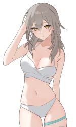 Rule 34 | 1girl, bare arms, bare shoulders, bikini, blush, breasts, cleavage, commentary, cowboy shot, grey hair, highres, honkai: star rail, honkai (series), long hair, looking at viewer, medium breasts, navel, parted lips, simple background, solo, standing, stelle (honkai: star rail), stomach, swimsuit, thigh strap, trailblazer (honkai: star rail), tsukanko16, white background, white bikini, yellow eyes