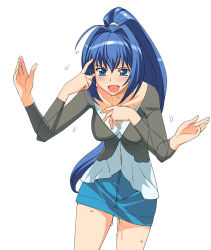 Rule 34 | 00s, 1girl, a1 (initial-g), blue eyes, blue hair, blush, casual, hayase mitsuki, kimi ga nozomu eien, matching hair/eyes, miniskirt, motion blur, open mouth, pencil skirt, ponytail, pussy juice, simple background, skirt, solo, sweat, tears