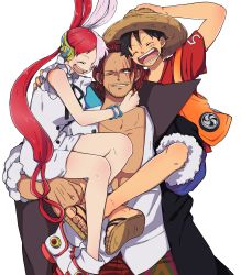Rule 34 | 1girl, 2boys, abs, absurdres, age difference, artist request, black hair, blush, breasts, carrying, dress, facial hair, father and daughter, green background, grin, happy, hat, headphones, highres, hug, laughing, leg lock, long hair, looking at another, monkey d. luffy, multicolored hair, multiple boys, muscular, muscular male, one piece, one piece film: red, red hair, scar, scar across eye, shanks (one piece), short hair, simple background, smile, straw hat, two-tone hair, uta (one piece), very long hair, white background, white dress, yellow dress