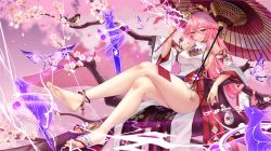 Rule 34 | 1girl, animal ears, bare legs, bare shoulders, barefoot, breasts, cherry blossoms, closed mouth, commentary, crossed legs, crystalfly (genshin impact), detached sleeves, falling petals, feet, floppy ears, foreshortening, fox ears, full body, genshin impact, gohei, hair between eyes, highres, holding, holding gohei, kousaki natsu, large breasts, legs, long hair, looking at viewer, mitsudomoe (shape), nontraditional miko, oil-paper umbrella, outdoors, petals, pink hair, purple eyes, sandals, shoes, sideboob, sidelocks, single shoe, sitting, smile, soles, solo, sword, toes, tomoe (symbol), umbrella, unworn sandals, unworn shoe, weapon, yae miko