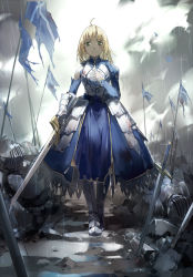 Rule 34 | 1girl, after battle, ahoge, armor, artoria pendragon (all), artoria pendragon (fate), blonde hair, blood, cloud, cloudy sky, dress, excalibur (fate/stay night), fate/stay night, fate (series), flag, green eyes, looking at viewer, md5 mismatch, nine (liuyuhao1992), rain, resolution mismatch, saber (fate), sad, sky, solo, source larger, standard bearer, sword, torn clothes, weapon