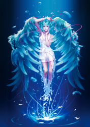 Rule 34 | 1girl, air bubble, arm up, bad id, bad pixiv id, bare arms, blue background, blue eyes, blue hair, blue theme, bubble, covered navel, dissolving, feathers, full body, gradient background, hage2013, hair ribbon, hair wings, hand on own cheek, hand on own face, hatsune miku, highres, holding, long hair, looking at viewer, matching hair/eyes, navel, ribbon, see-through, see-through silhouette, sleeveless, solo, submerged, twintails, underwater, very long hair, vocaloid, wings