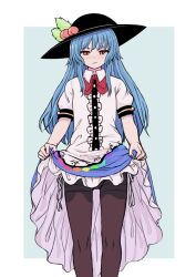 Rule 34 | 1girl, black hat, black pantyhose, blue hair, blue skirt, blush, buttons, center frills, closed mouth, clothes lift, collared shirt, feet out of frame, frilled skirt, frills, hat, hinanawi tenshi, kani, lifting own clothes, long hair, pantyhose, rainbow order, red eyes, shirt, short sleeves, skirt, skirt lift, solo, touhou, white shirt