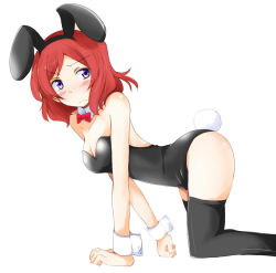 Rule 34 | 10s, 1girl, all fours, animal ears, ass, black thighhighs, blush, bow, bowtie, breasts, chata maru (irori sabou), cleavage, collar, fake animal ears, leotard, love live!, love live! school idol project, nishikino maki, playboy bunny, purple eyes, rabbit ears, rabbit tail, red hair, solo, tail, thighhighs, white background, wrist cuffs